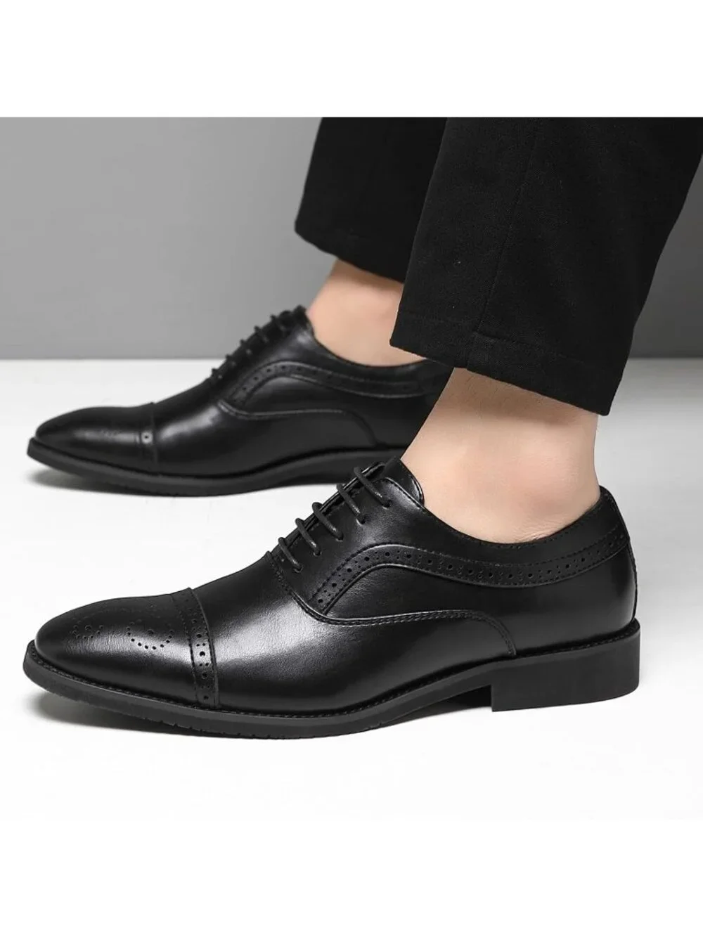 Men's Black Leather Wingtip Cap Toe Formal Business Brogue Punched Oxford Shoes